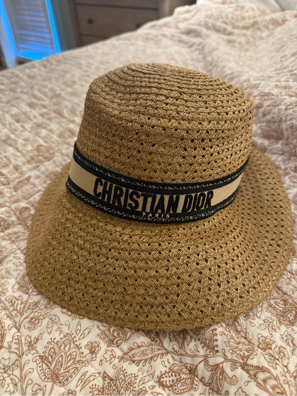 Dior Woven Straw Sun Hat with Black & Cream Logo Band